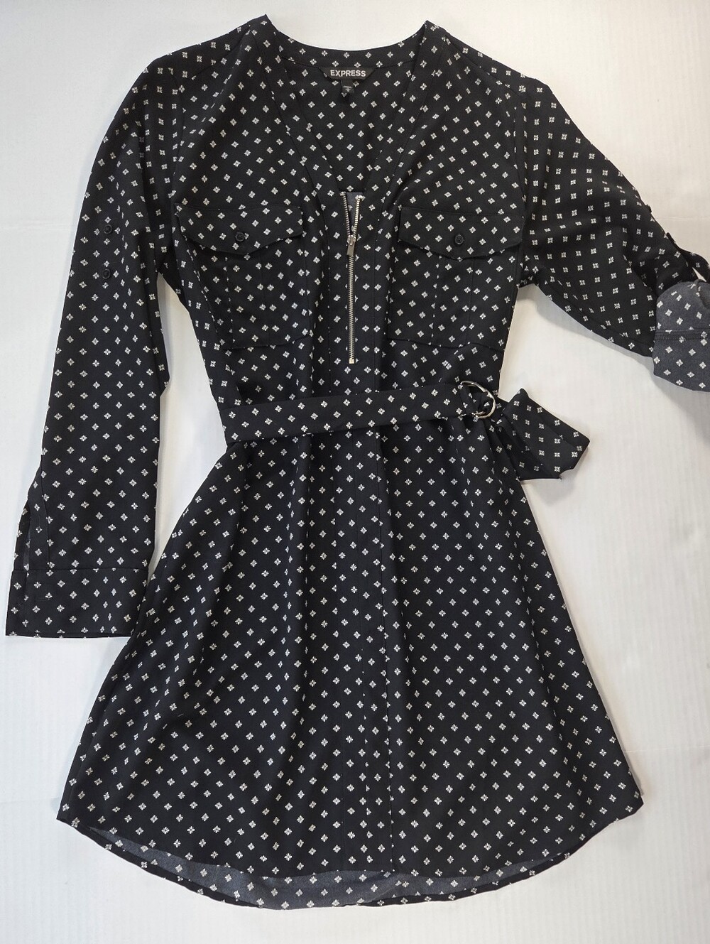 Express Black Patterned Sleeve‎ Tie Waist Dress